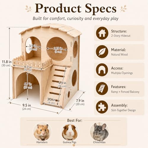 Large Guinea Pig Hideout Place, Double Layered Wooden Hamster House with ramp and Hamster Platform. Suitable for Hiding Places for Small Animals Such as Guinea Pigs, Hamsters, Rabbits, etc. - color: Castle