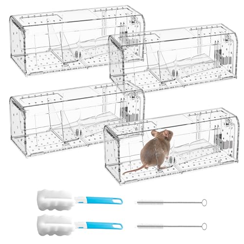 4 Pack Humane Mouse Trap for Indoor No Kill Live Mice Traps for House Mice | 7.13x2.3x2.7 In Catch and Release Mouse Traps for Small Mice, Kids & Pets Friendly, Reusable Mousetrap with Cleaning Brushes - size: 4 Pack
