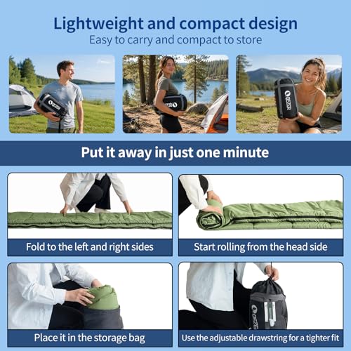 Sleeping Bag for Adults, Lightweight Sleeping Bag for Camping | 41°F-70°F, Hollow Fiber Fill, Full-Length Zipper, Compression Sack, Camping Travel Backpacking, Machine Washable