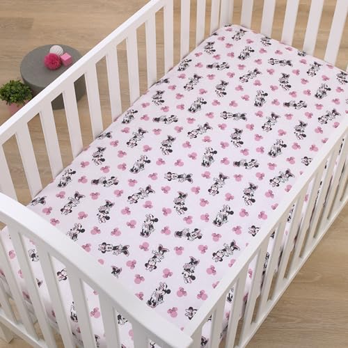 Disney Minnie Mouse Pink, Black, and White Super Soft Nursery Fitted Crib Sheet - color: Minnie Mouse Pink, Black, and White, size: Crib