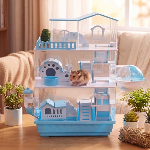 Eccliy 15 in 1 Clear 3-Layer Acrylic Hamster Cage with All Accessories, 20 x 13.7 x 10 Inch Dwarf Hamster House, Magnetic Connection Small Pet Enclosure, Garden Style Mouse Cage for Pet Mice (Blue) - color: Blue