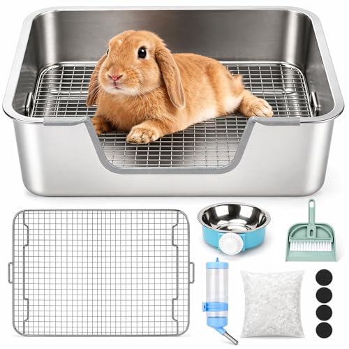 Rypet Large Stainless Steel Rabbit Litter Box Set for Small Animals | High Sides & Low Entry, 304 Stainless Steel Sifting Tray, Bowl and Bottle Included, Non-Slip, Easy to Clean, Odor Control - size: S(15.8"×11.8"×5.9")