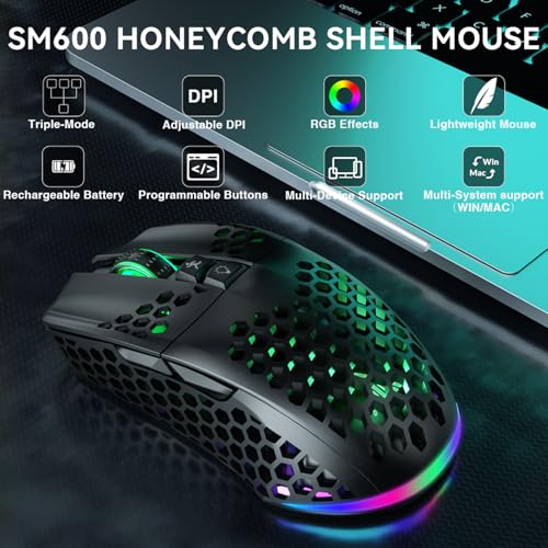 SOLAKAKA SM600 Honeycomb Shell Gaming Mouse Wireless,Tri-Modes BT/2.4G Wireless/Type-C Wired Gamer Mouse with 2 Side Buttons, Macro Programmable and RGB Light for PC/Mac/Laptop,Black - color: black