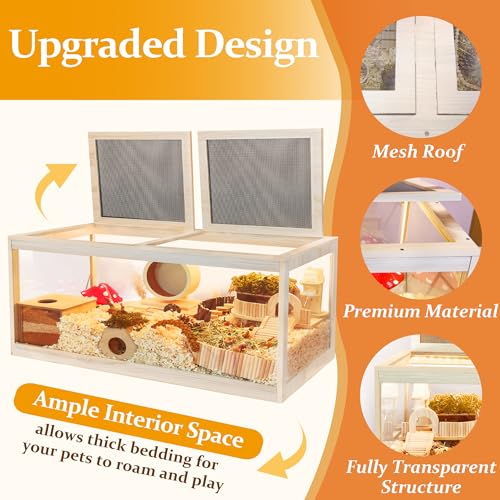 PROLEE Hamster Cage with Metal Mesh Top, Chewproof Wooden Guinea Pig Cages, Mice and Rat Habitat,Large Hamster Cages with Acrylic Sheets Solid Built (48X20X20 Inch) - size: 48.0"L x 20.0"W x 20.0"H