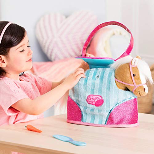 Pucci Pups Pucci Pals Plush Horse Carrier Set, Beige Horse Purse, Pet | Beige plush horse with white mane and tail, blue saddle, pink and blue carrier bag, carrot and comb for play, Pet, 2+ Years - style: Horse - Blue & Pink Bag