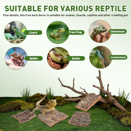 TOYANDONA Reptile Bark Hide 4 Pcs Tree Bark Pieces for Climbing Platform Terrarium Decor for Snake Lizard Gecko Tortoise Habitat Accessories 5.11 X 1.49 X 0.39 in