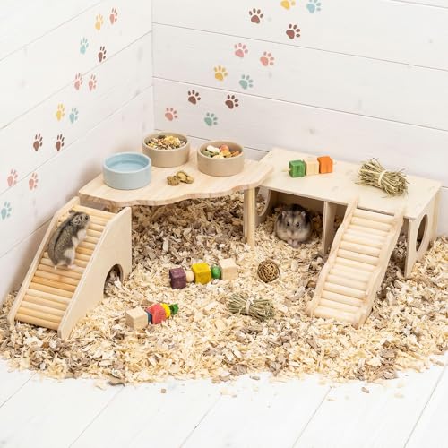BreezeHug 4 Pcs Hamster Cage Accessories Hamster Platform Hideout Wooden Tunnel Ladder Playhouse Game Climbing Toy with Platform for Pets Dwarf Syrian Mice Degus Gerbils Squirrel(Peek) - style: Peek
