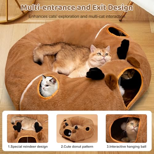 Cat Tunnel Bed with 20 Pcs Interactive Toys, 3-in-1 DIY Collapsible Plush Cat Tube with Washable Mat, Large Indoor Play Tunnel Cave for Kittens and Small Animals - color: Brown