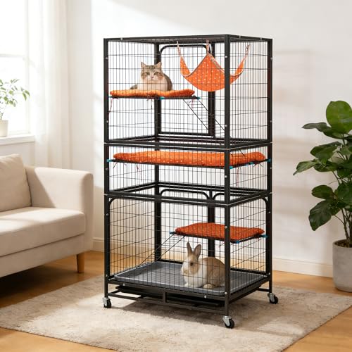 Cat Cages Indoor,4-Tier Ferret Cage, Large Wire Crates with Hammock, Cat Enclosure with 2 Ladders, Cat Kennel with Wheels for Kitten, Guinea Pig, Rabbit, Chinchilla, Black - size: 32.7"L x 23.6"W x 63.0"H