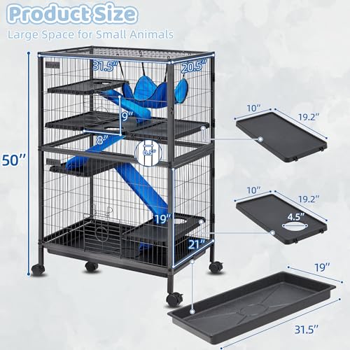 Fragess Small Animal Cage, 50" H Large Metal Rolling 5-Tiers Guinea Pig Cage, Ferret Cage, Rabbit Cage, Chinchilla Cage for Rats/Hamsters, 0.5" Bar Spacing with Removable Ramp & Platform (Large)