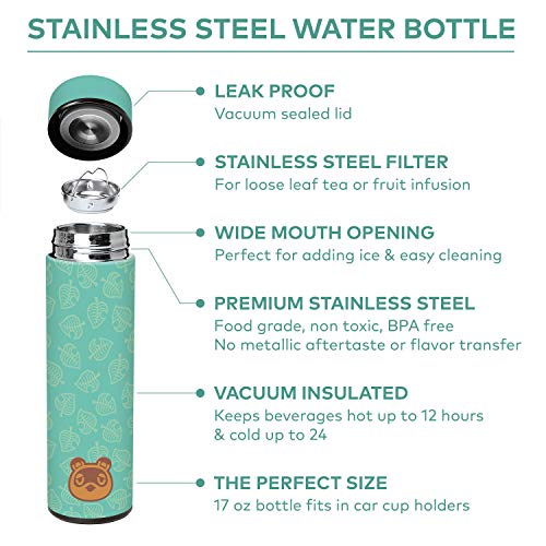 Animal Crossing: New Horizons - Teal Leaves Vacuum Insulated Stainless Steel Sport Water Bottle, Hot Cold, Double Wall, Simple Thermo Travel Mug, Hydro Metal Canteen, 17 oz, 500 ML