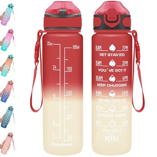 Enerbone 32 oz Drinking Water Bottle with Times to Drink and Straw, Motivational with Carrying Strap, Leakproof BPA & Toxic Free, Ensure You Drink Enough Water for Fitness Gym Outdoor - color: Cherry Cream