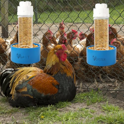 Kalekey 2 Pack Transparent PVC Chicken Feeder, Oyster Shell and Grit Feeder Hanging Ground Chicken Coop Feeder with Hanging Hook for Hens & Chicks (Blue) - color: Blue
