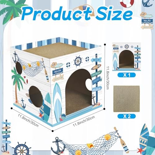 Cinrobiye Cardboard Cat House with 2 Pcs Scratching Pad，Pet Hideaway Cave Board Bed Playhouse Condo Box Decor Small Animals Scratcher Bed for Indoor Cats Kittens Rabbits Bunny - color: Blue