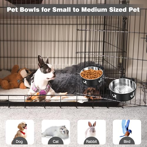 Dog Crate Water Bowl No Spill, 2 Pack Hanging Dogs Kennel Water Food Bowls, Stainless Steel Mountable Pet Bowl Metal Feeder Coop Cup Cage Accessories for Puppy Cat Rabbit Guinea Pigs Ferret Bird - color: Black
