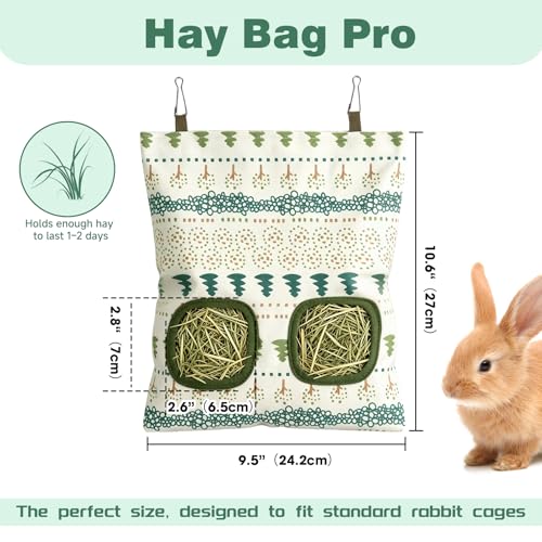 Rabbit Hay Bag 2 Pack - 2 Holes Hanging Bunny Hay Feeder Holder with Metal Hooks, Oxford Cloth Guinea Pig Feeding Bag Storage for Chinchillas Hamsters and Small Animals (White Green) - color: White Green