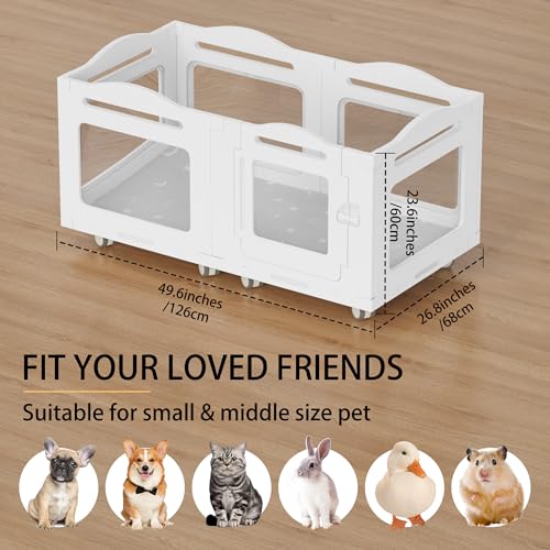 Acrylic Indoor Dog Playpen, Whelping Box with Pet Stroller, Puppy Playpen for Small Medium Pets, Cat Rabbit & Puppies, 6-Panel with Bottom Panel, 8 Wheels, Safe, Sturdy, White - color: White