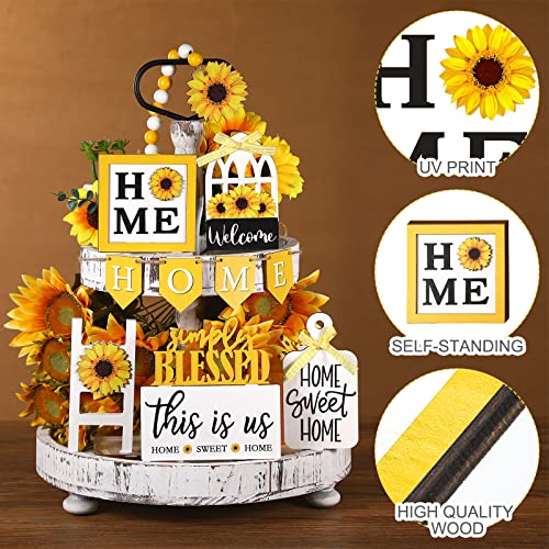 FairySandy 11 Pcs Sunflower Tiered Tray Decor Summer Rustic Home Farmhouse Tiered Tray Decorations Set Wooden Signs Vintage Farm Animal Farmhouse Tabletop Wood Signs for Kitchen Table Shelf Decor - style: Sunflower