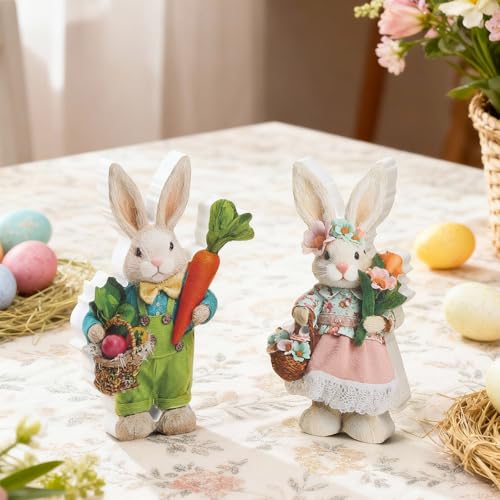 DoubleFill 2 Pcs Easter Bunny Figurine Easter Wooden Bunny Figurines Table Decoration for Spring Gifts Home Office Centerpiece Decor Party Supplies - style: Trendy Style