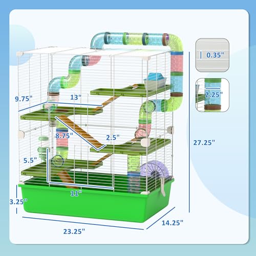 PawHut Extra Large 23" Hamster Cage with Tubes and Tunnels, Portable Carry Handles, Rat House and Habitats Big 5-Tier Design, Mouse Cage Includes Exercise Wheel, Water Bottle, Food Dish, Green | Portable Carry Handles, Rat House and Habitats, Big 5-Tier D