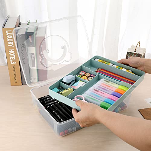 BTSKY 2-Tier Cute Bear Storage Box with Removable Divided Tray Portable Clear Plastic Art Craft Supply Organizer Stackable Home Office Supplies Storage Container for Pens Notes A4 papers etc (Blue) - color: Blue