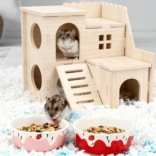 Wontee Hamster Food Bowl 2 Pack Ceramic Food Water Bowl Anti-Tipping for Dwarf Hamsters Gerbil Mice Hedgehog Guinea Pig (Red+Pink) - color: Red+Pink