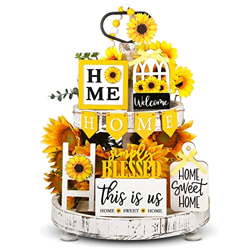 FairySandy 11 Pcs Sunflower Tiered Tray Decor Summer Rustic Home Farmhouse Tiered Tray Decorations Set Wooden Signs Vintage Farm Animal Farmhouse Tabletop Wood Signs for Kitchen Table Shelf Decor - style: Sunflower
