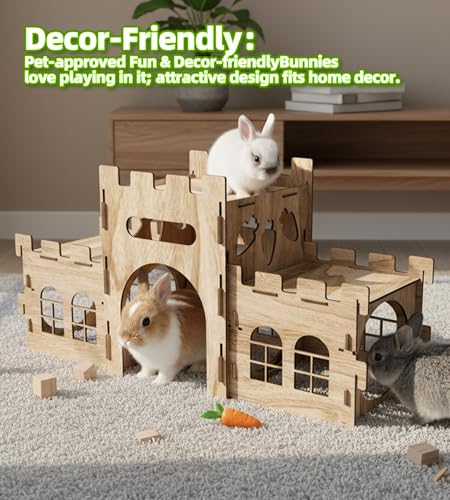 HIIMALEX Large Bunny Castle Sturdy House for Rabbits Ferrets Guinea Pigs | Wooden bunny hideout, split balcony, tunnel tower, ventilated habitat for rabbits, ferrets, guinea pigs, hamsters