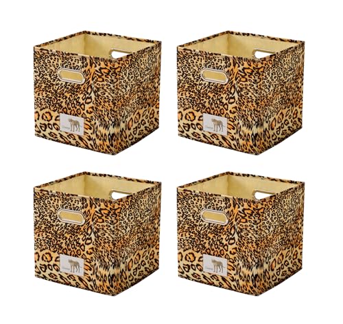 Foldable Animal Leopard [Set of 4] Cube Storage Bins, Collapsible Fabric Organizer Container Boxes w/ Handles – 11 x 11 x 11 Inches - color: 4 Set Leopard