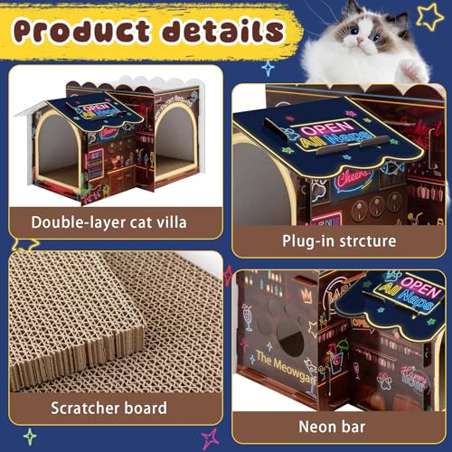 Lineshading 2 Story Cardboard Cat House with Scratcher Pad, Multi Level Durable Cat Scratcher House for Small Kitten Bunny Rabbit Animals Christmas Birthday Gift(17x12x10,Bar) - style: Bar