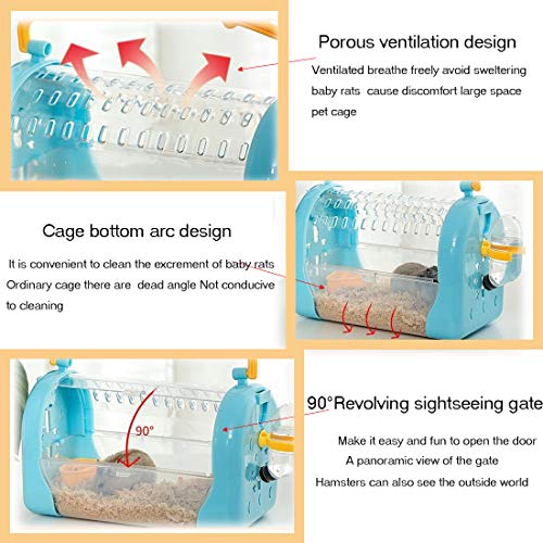 kathson Hamster Cage Travel Carrier Portable Cage with Water Bottle Outgoing Cage and Adjustable Strap Pet Cage for Small Pet Hedgehog Sugar Glider Squirrel Mice（Blue） - size: 9.8"L x 10.0"W x 7.3"H