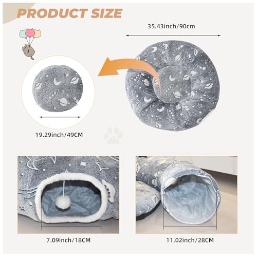 Large Cat Tunnels Bed Tube for Indoor Cats Under Christmas Tree Glows in The Dark Cat Tunnel with Cushion and Plush Ball Toy Longer Playground Toys for Dog Puppy Kitten Pet Gray - color: Gray Bed