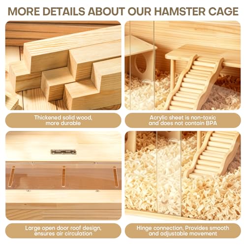 Hamster Cage 32 Inch Large Chewproof Wooden Habitat, Openable Top, Double Openable Acrylic Sheet Doors, Easy Assembly, Hamster Enclosure for Gerbil & Syrian Hamster, Dwarf Hamster (with Accessories)