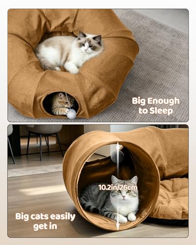 Linen Cat Tunnels with Central Cat Bed, Interactive Cat Toys Detachable Washable Soft Mat Large Indoor Play Tunnel Cave for Kittens and Small Animals - color: Linen Brown