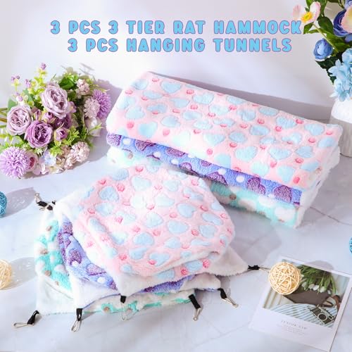6 Pcs Rat Hammock Set Ferret Hanging Tunnel 3 Tier Guinea Pig Hammocks Hideout Soft Chinchilla Bed for Cage Accessories Hide,Play and Sleep(Lovely,Heart) - color: Lovely