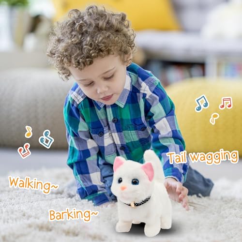 Easfan White Walking Kitty Cat Plush Interactive Toy for Kids 7.5" | Meowing Tail wagging head nodding, electronic animated kitten pet, birthday holiday gift, for toddlers - style: White Cat