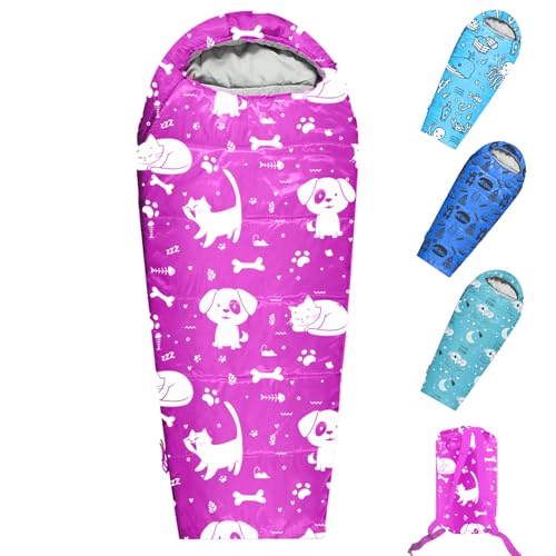 KidzAdventure Mummy Style 32 – 59F Kids Sleeping Bag with Pillow Sleeve, 4 Season, Lightweight and Backpacking Style, Ideal for Camping, Sleepover, Boys, Girls, and Youth - color: Pink kids up to 4'3"
