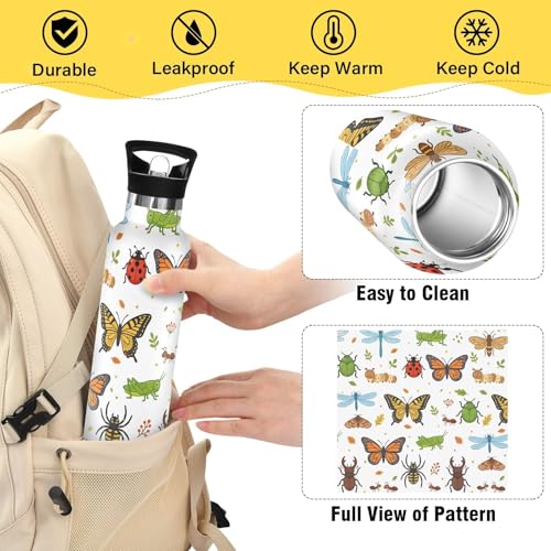 Insect Butterfly Insulated Water Bottle with Straw Lid,Vacuum Stainless Steel Mug Leakproof Tumbler Flask Kids Water Bottle for Sports Travel School,20oz - color: Insect Butterfly