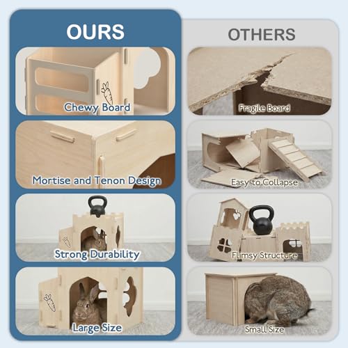 Wooden Rabbit House with Hay Feeder and Rooftop Platform | Compact indoor bunny hideout, enclosed lower room, open bottom, side hay rack and flat roof for rabbit enclosures - size: Small