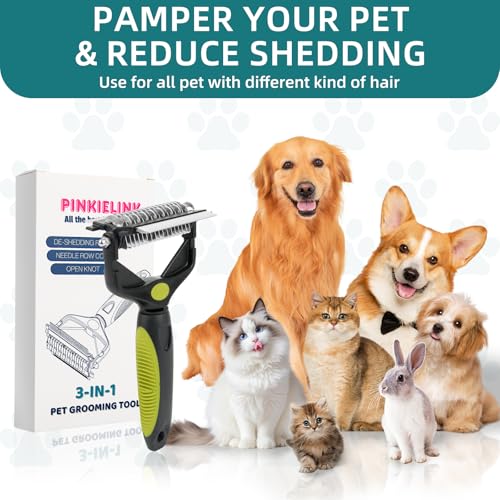3-IN-1 Pet Grooming Tool - Undercoat Rake, Dematting Comb & Deshedding Brush for Cats, Dogs, Horses - Removes Mats, Tangles & Loose Fur, Reduces Shedding & Prevents Hair Mess (Green) - color: Green