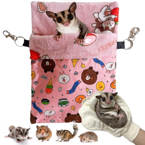 Sugar Gliders Sleeping Pouch Bag Hamster Cotton Hanging Flannel Warm Bed Hideout with Hooks Glove Small Pet Nest Bed for Hamster Rat Hedgehog,Pink - color: Pink