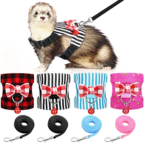 4 Pieces Ferret Harness and Leash Set Ferret Leash Small Pet with Cute Bowknot and Safe Bell Decor Chest Strap Harness for Outdoor Walking Rabbit Guinea Pig Bunny Hamster Puppy Kitten(Small)