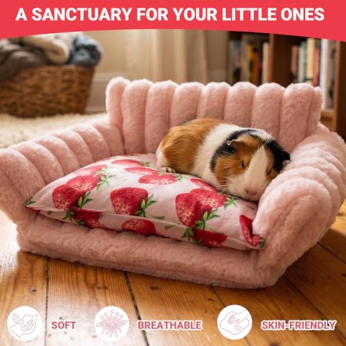 Guinea Pig Bed, Washable Fleece Pink Small Pet Cage Accessories | Strawberry Cozy Small Animal Sofa Couch for Guinea Pig, Bunny, Chinchilla, Hamster, Ferret, Hedgehog
