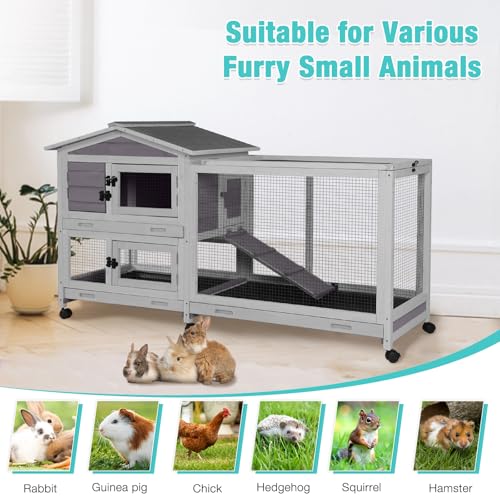 Suumerpety 62" Rabbit Hutch with Chew-Proof Ramp & Waterproof Roof - Indoor/Outdoor Bunny Cage, 2-Story Design, 6 Lockable Caster Wheels & Dual Pull-Out Trays (Grey) - color: (Grey)