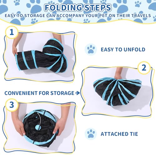 Pet Cat Tunnel, T-3 Way Tunnels for Indoor Cats, Collapsible Pet Tunnel for Kitten, Puppy, Rabbit, 25cm-Wide Tunnels, Durable & Breathable, with Peek Hole Toy Ball - color: T-Junction Tunnel & Black/Blue