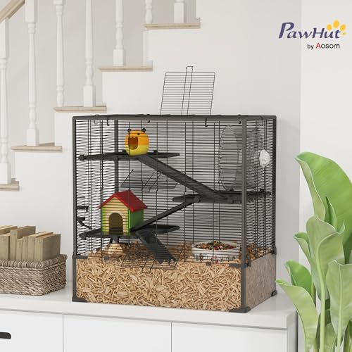 PawHut Large Hamster Cage with 9" Deep Tempered Glass Bottom, 4 Tiers Hamster Tank with Running Wheel, Hut, Water Bottle, Dish, Rat Cage for Syrian, Dwarf, Gerbils, Mouse, 31" x 19" x 31.5", Black | 4 Tiers Hamster Tank, Running Wheel, Hut, Water Bottle,