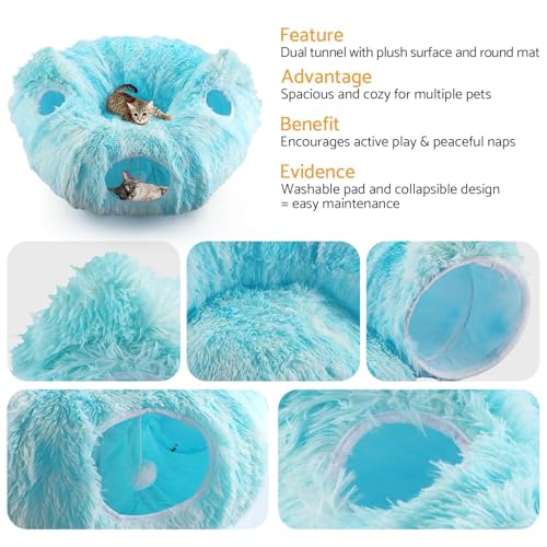 Cat Tunnel Bed, 3-in-1 Collapsible Cat Tube with Removable Washable Cushion, Multi-Shape (U/S/Half-Round) Playhouse with Peekaboo Holes, Hanging Balls & Cat Ears for Cats, Small Dogs, Rabbits - color: Sky Blue