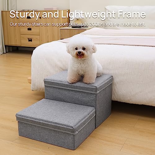 Linen Foldable Dog Stairs with Storage | 2-Step Pet Steps for High Beds & Couch, Non-Slip Dog Ladder for Small & Medium Dogs and Cats, Light Grey - color: Light Gray Linen