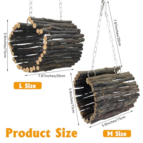 BNOSDM Cage Accessories 6 Packs Wood Sugar Glider Toys Hanging Cage Ladder Perch Stand Climbing Platform and 5.9"X 5.9" Size M Chinchilla Hanging Tunnel Toy Adjustable Metal Chain Natural Fruitwood