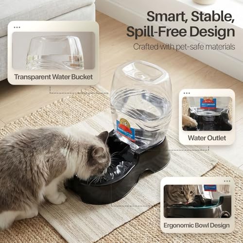 Flexzion Gravity Pet Water Dispenser for Cats & Small Dogs, 1/4 Gal Black | Automatic Cat and Dog Waterer with 900 Ml Reservoir, Non-Skid Feet, Recessed Carry Handle, and Easy-Clean Pp Bowl - color: Black, size: 1.5 L